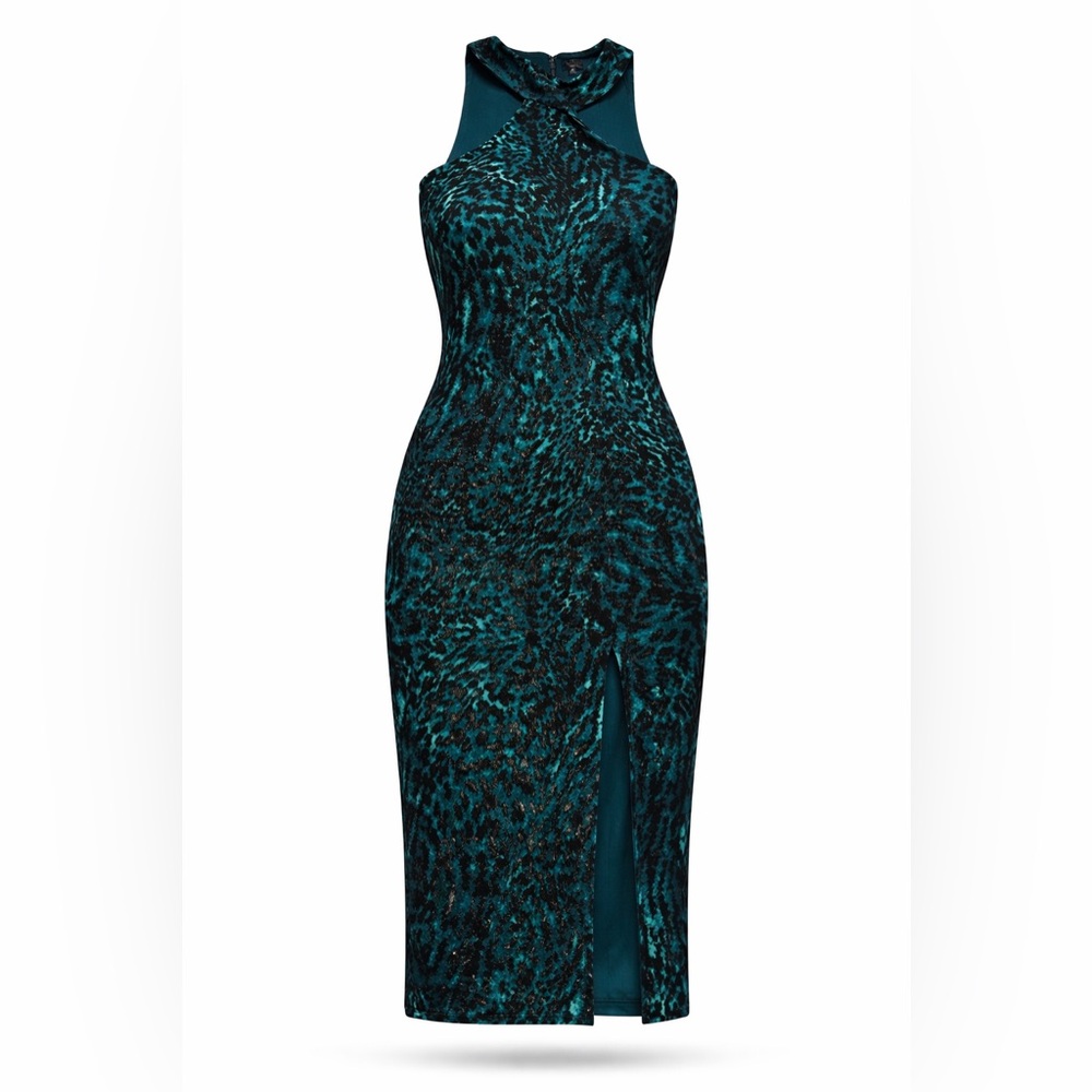 RACHEL Rachel Roy Green and Black Leopard Print Midi Dress